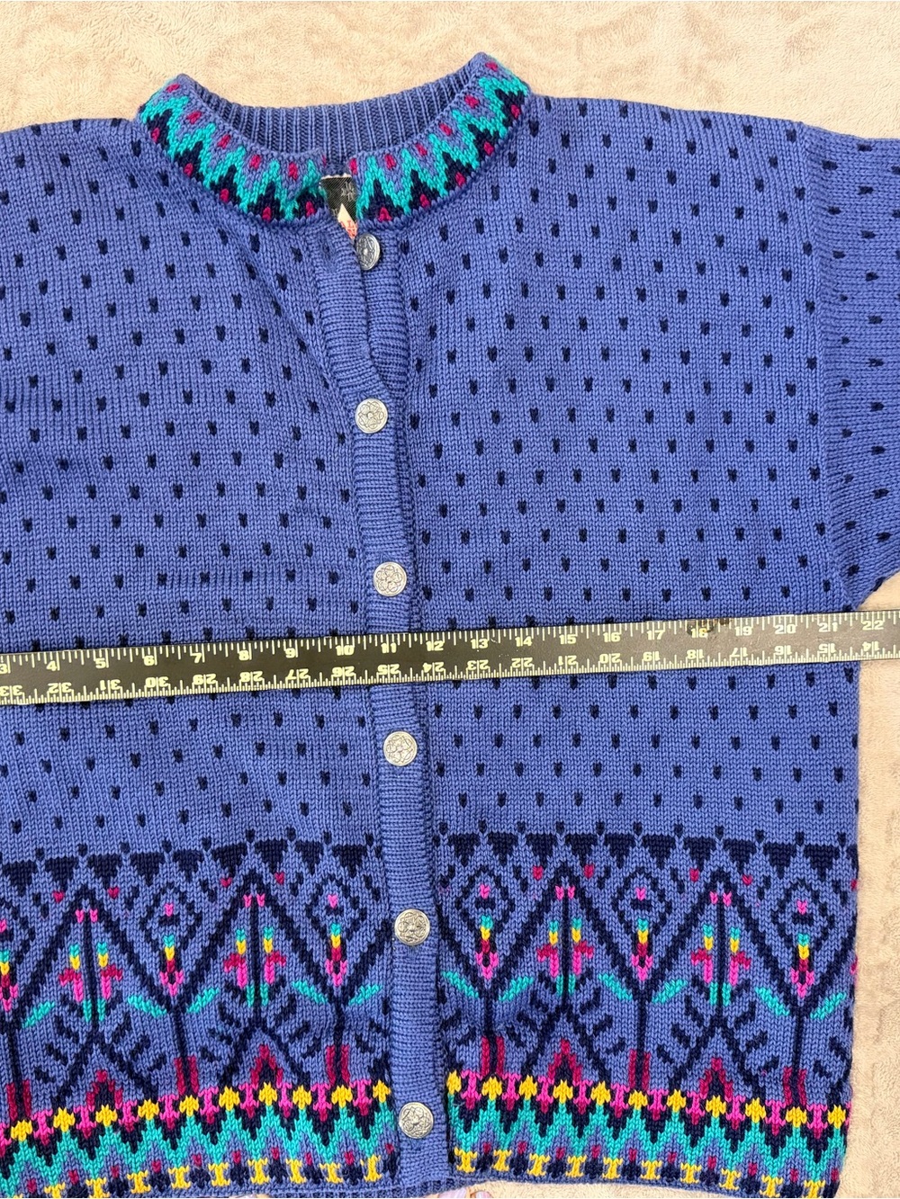 Dale of Norway Blue Geometric Knit Button Vintage Nordic Wool Cardigan Sweater L - Picture 5 of 7